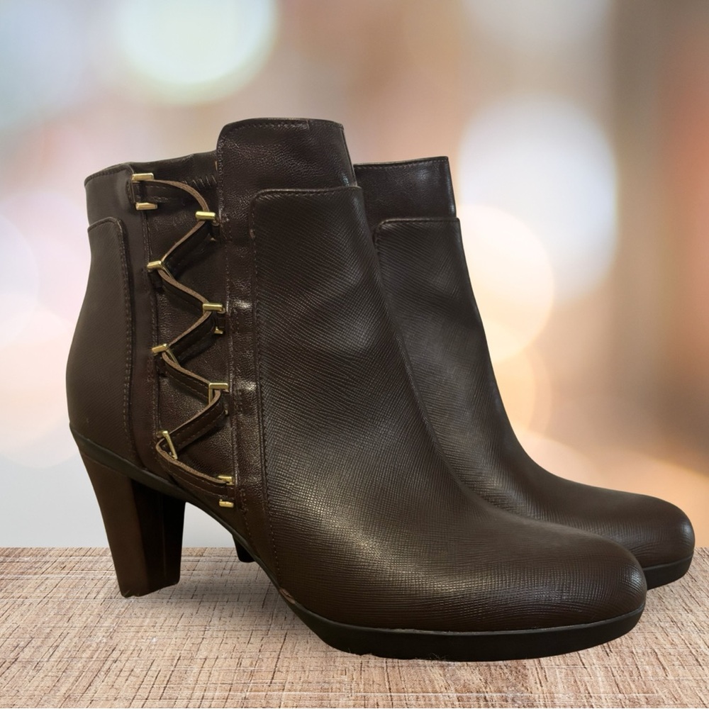Life Stride Brown Ankle Booties with Chunky Heel